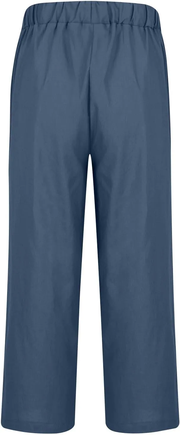 Summer Linen Pants for Men Plus Size Wide Leg lastic Waist Lounge Trousers with Pockets Solid Loose Lightweight Pant