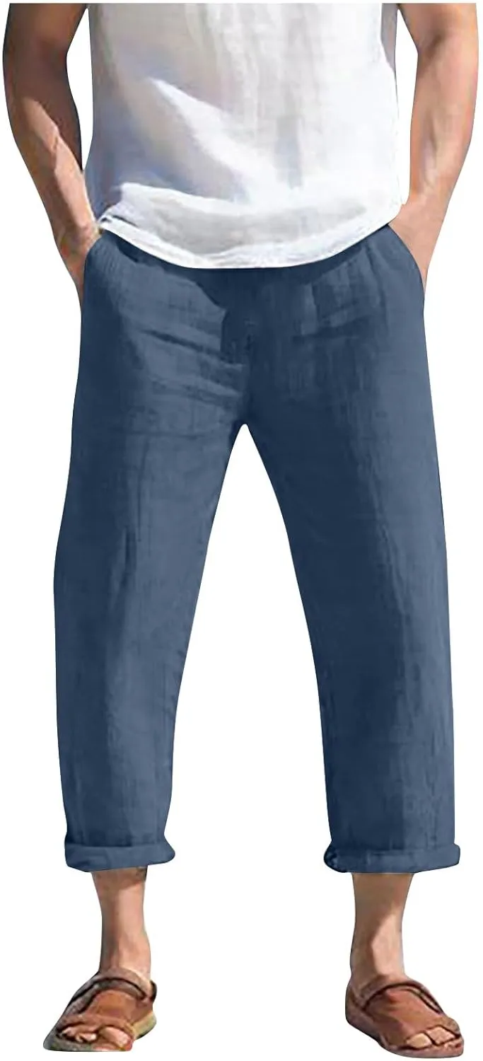 Summer Linen Pants for Men Plus Size Wide Leg lastic Waist Lounge Trousers with Pockets Solid Loose Lightweight Pant