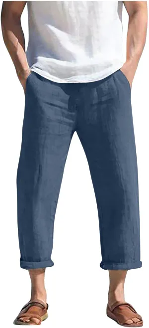 Summer Linen Pants for Men Plus Size Wide Leg lastic Waist Lounge Trousers with Pockets Solid Loose Lightweight Pant