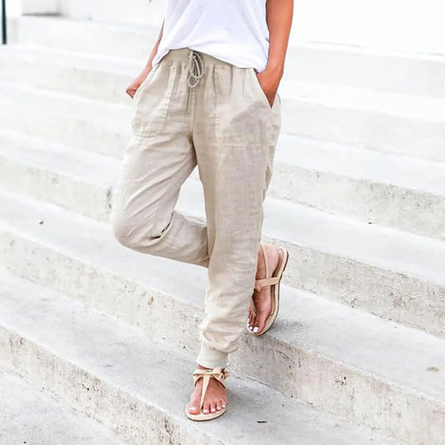 Summer Linen Pants For Women 2024 Pants Straight Leg Beach Pants Drawstring High Waist Comfy Trousers with Pockets