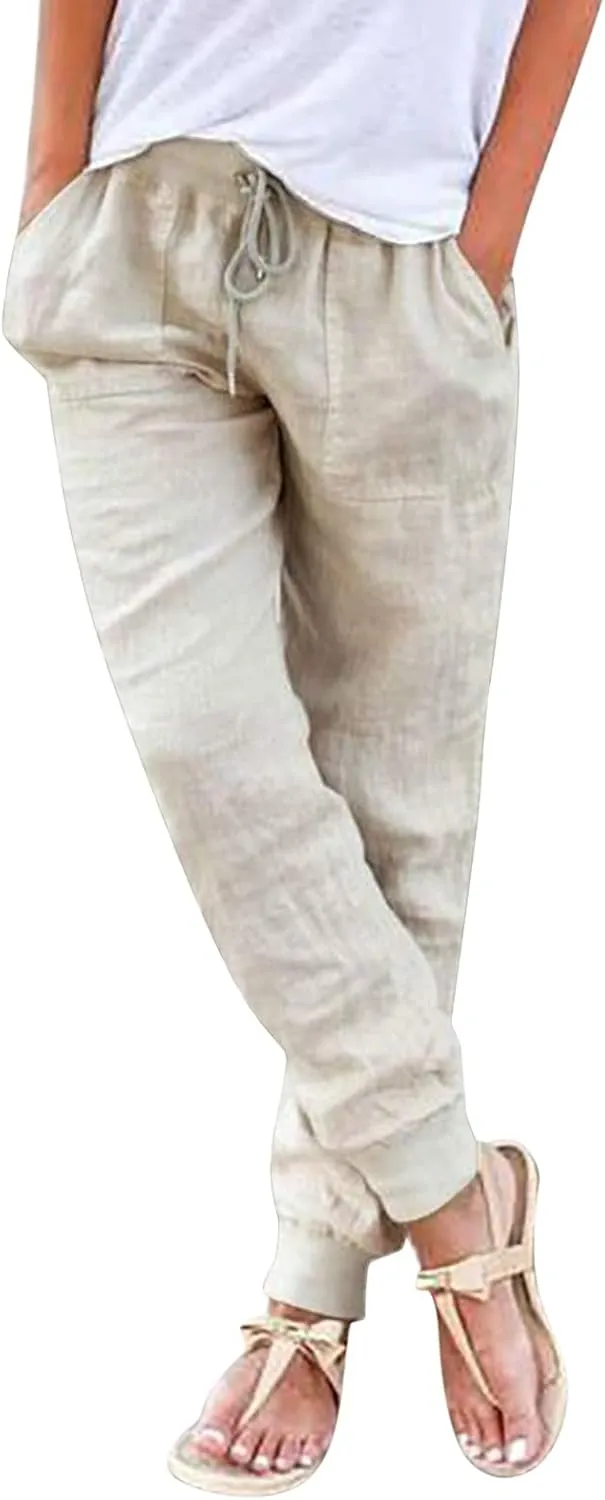 Summer Linen Pants For Women 2024 Pants Straight Leg Beach Pants Drawstring High Waist Comfy Trousers with Pockets
