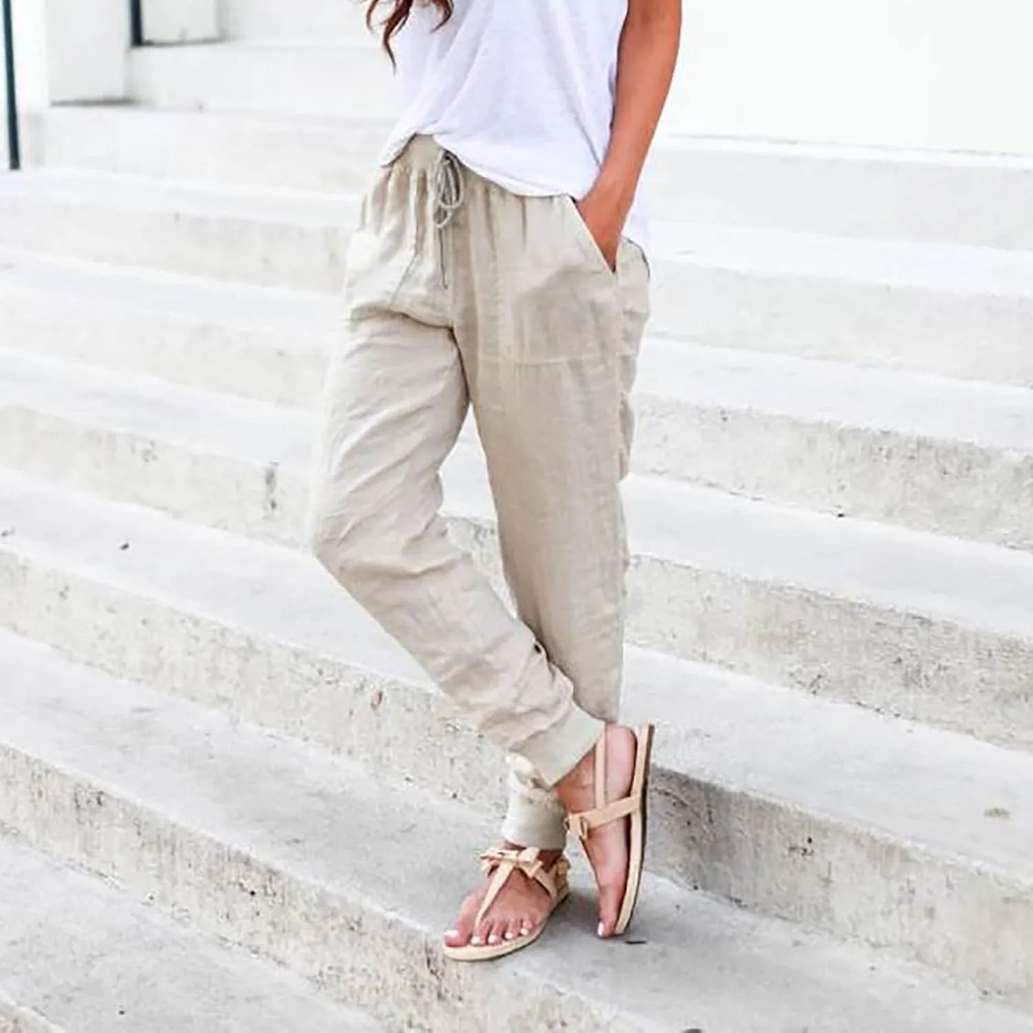 Summer Linen Pants For Women 2024 Pants Straight Leg Beach Pants Drawstring High Waist Comfy Trousers with Pockets