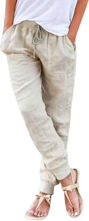 Summer Linen Pants For Women 2024 Pants Straight Leg Beach Pants Drawstring High Waist Comfy Trousers with Pockets