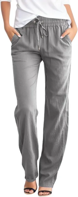 Summer Linen Pants For Women 2024 Trousers With Pockets Casual Drawstring Elastic Waist Lounge Vacation Sweatpants