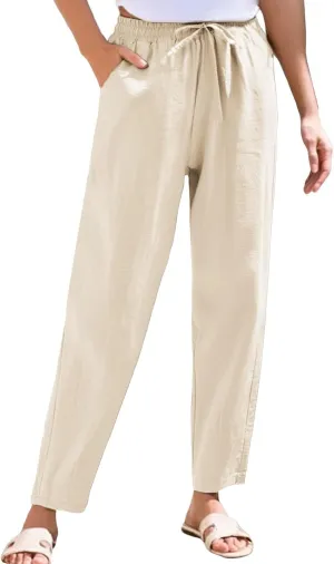 Summer Linen Pants for Women Casual High Waisted Straight Pant Baggy Breathable Elastic Drawstring Lounge Trousers