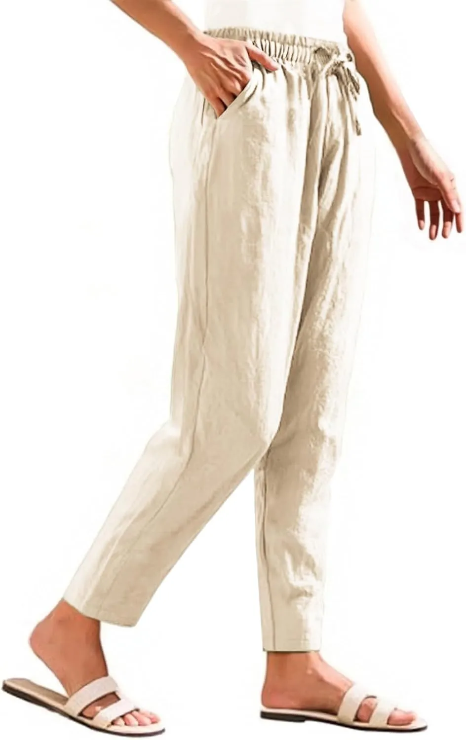 Summer Linen Pants for Women Casual High Waisted Straight Pant Baggy Breathable Elastic Drawstring Lounge Trousers