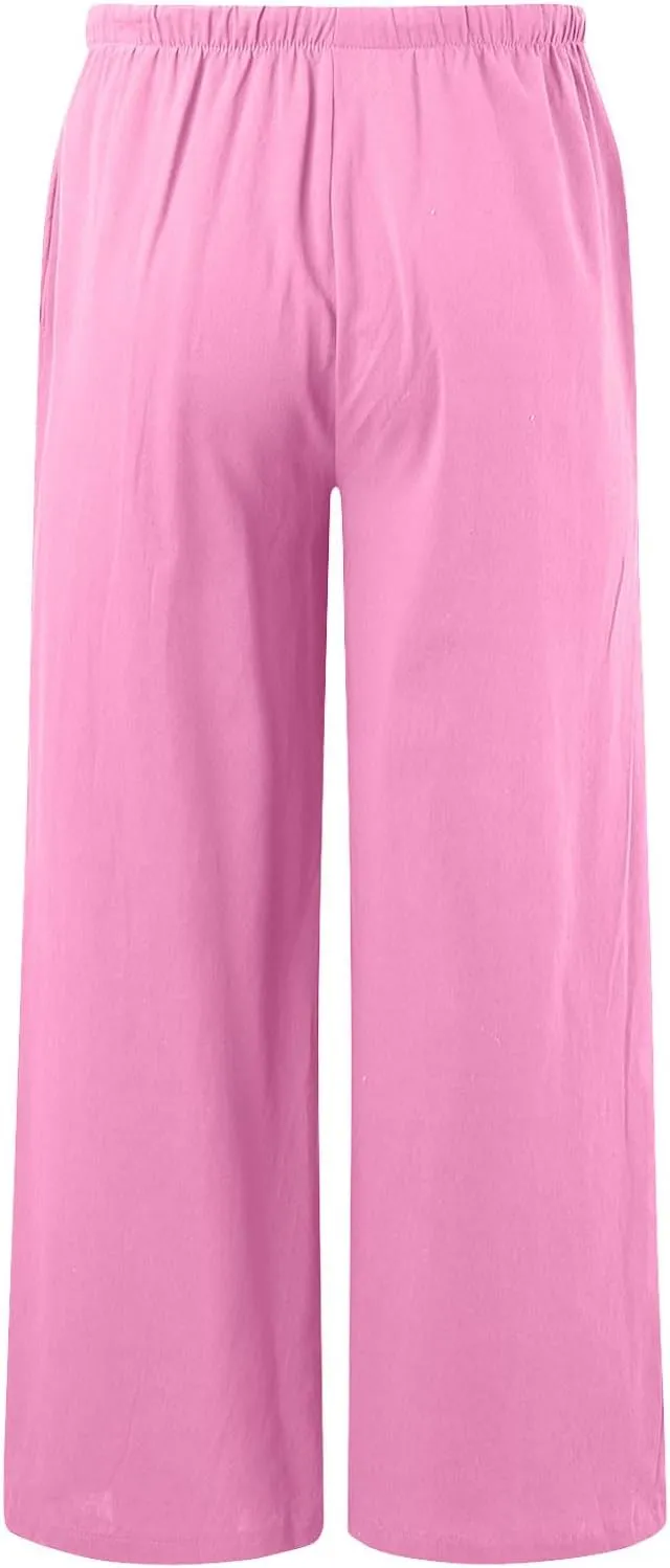 Summer Linen Pants for Womens Wide Leg Baggy Casual Drawstring High Waisted Palazzo Harem Trousers with Pockets