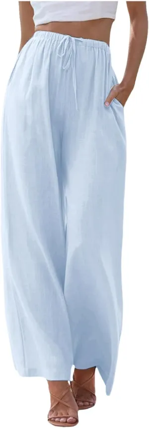 Summer Linen Pants for Womens Wide Leg Baggy Casual Drawstring High Waisted Palazzo Harem Trousers with Pockets
