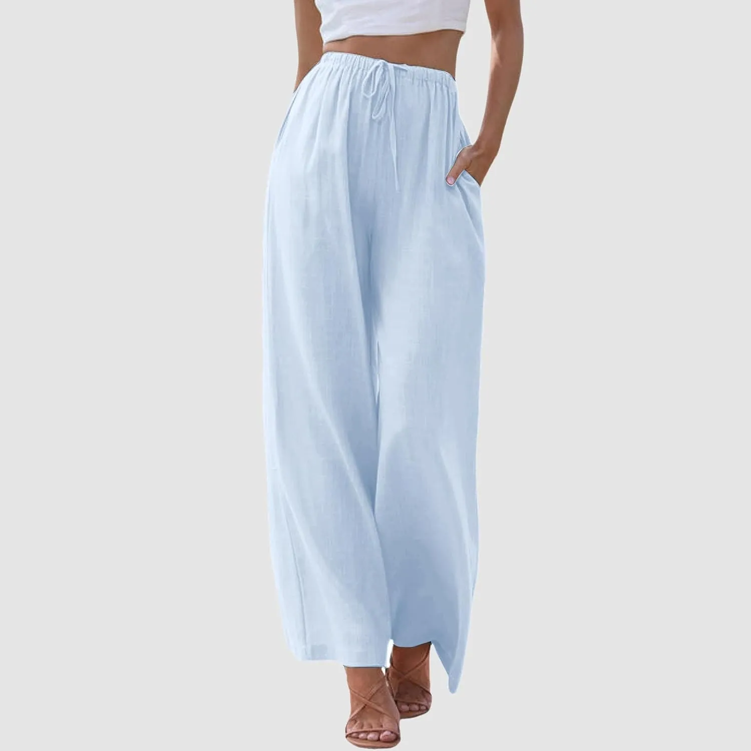 Summer Linen Pants for Womens Wide Leg Baggy Casual Drawstring High Waisted Palazzo Harem Trousers with Pockets