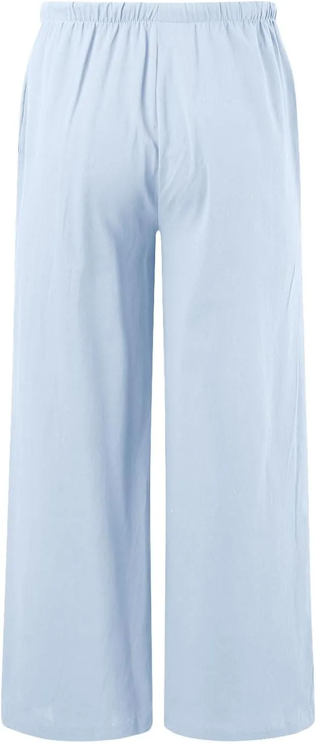 Summer Linen Pants for Womens Wide Leg Baggy Casual Drawstring High Waisted Palazzo Harem Trousers with Pockets