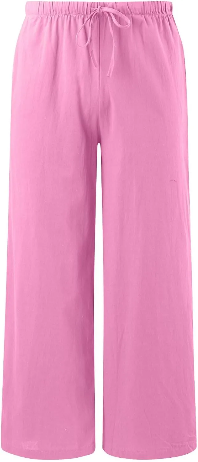 Summer Linen Pants for Womens Wide Leg Baggy Casual Drawstring High Waisted Palazzo Harem Trousers with Pockets