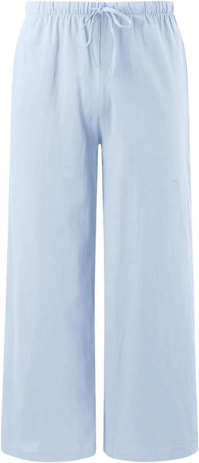 Summer Linen Pants for Womens Wide Leg Baggy Casual Drawstring High Waisted Palazzo Harem Trousers with Pockets