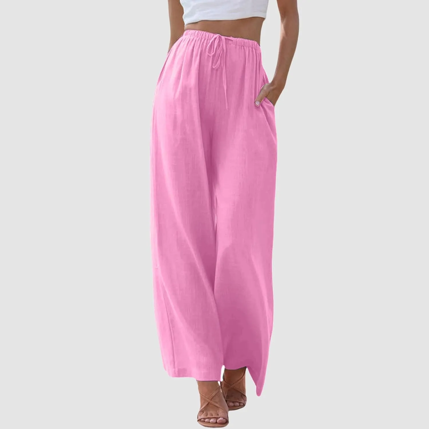 Summer Linen Pants for Womens Wide Leg Baggy Casual Drawstring High Waisted Palazzo Harem Trousers with Pockets