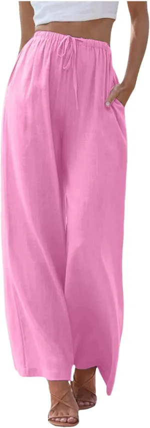 Summer Linen Pants for Womens Wide Leg Baggy Casual Drawstring High Waisted Palazzo Harem Trousers with Pockets