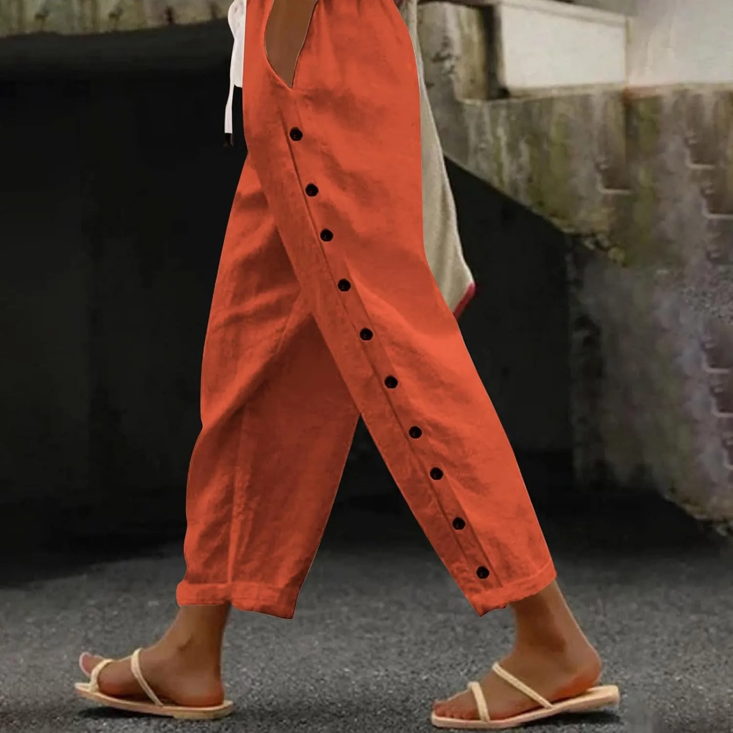 Summer Pants for Women 2025 Trendy Summer Vacation Side Button Elastic Waist Baggy Straight Leg Trousers with Pockets