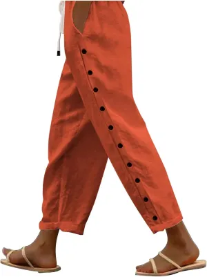 Summer Pants for Women 2025 Trendy Summer Vacation Side Button Elastic Waist Baggy Straight Leg Trousers with Pockets