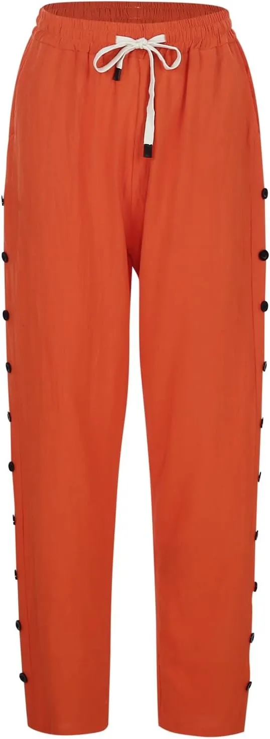Summer Pants for Women 2025 Trendy Summer Vacation Side Button Elastic Waist Baggy Straight Leg Trousers with Pockets