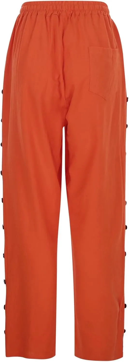 Summer Pants for Women 2025 Trendy Summer Vacation Side Button Elastic Waist Baggy Straight Leg Trousers with Pockets