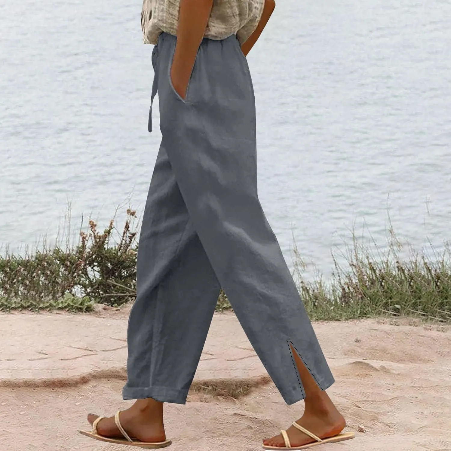 Summer Pants for Women 2025 Vacation Casual Loose High Elastic Waist Lightweight Beach Travel Cotton Linen Pants