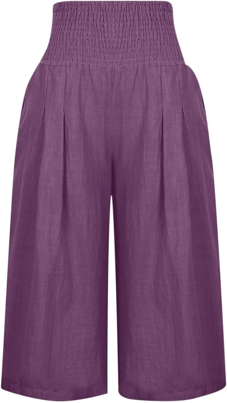TARIENDY Casual Capri Pants for Women Cotton Linen Pants Wide Leg Lounge Pants Summer High Waisted Capris with Pockets