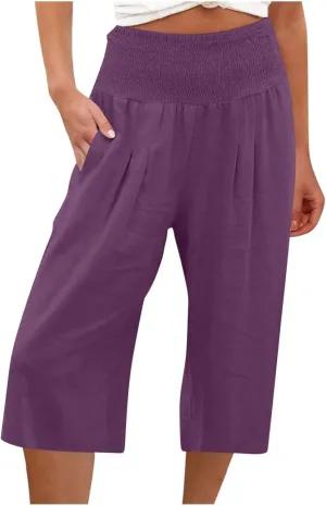TARIENDY Casual Capri Pants for Women Cotton Linen Pants Wide Leg Lounge Pants Summer High Waisted Capris with Pockets