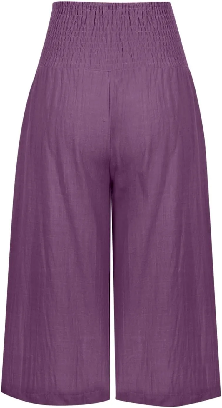 TARIENDY Casual Capri Pants for Women Cotton Linen Pants Wide Leg Lounge Pants Summer High Waisted Capris with Pockets