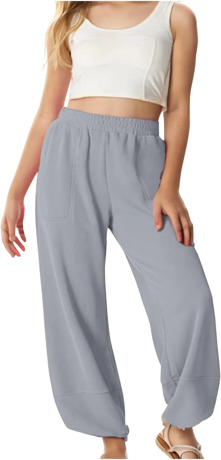 Teen Girls Palazzo Pants 2025 Summer Casual Cotton Linen Trousers Lightweight Elastic Waist Preppy Solid Loose Pant