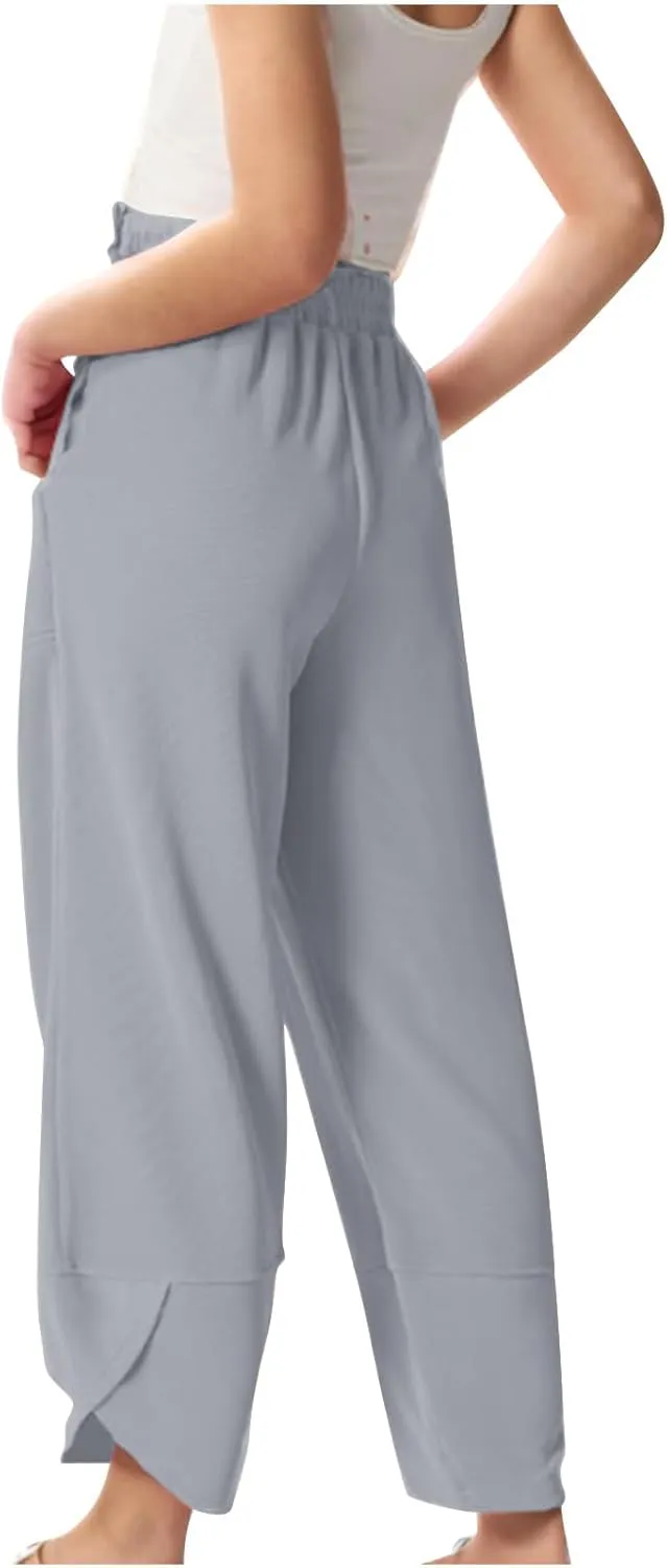 Teen Girls Palazzo Pants 2025 Summer Casual Cotton Linen Trousers Lightweight Elastic Waist Preppy Solid Loose Pant