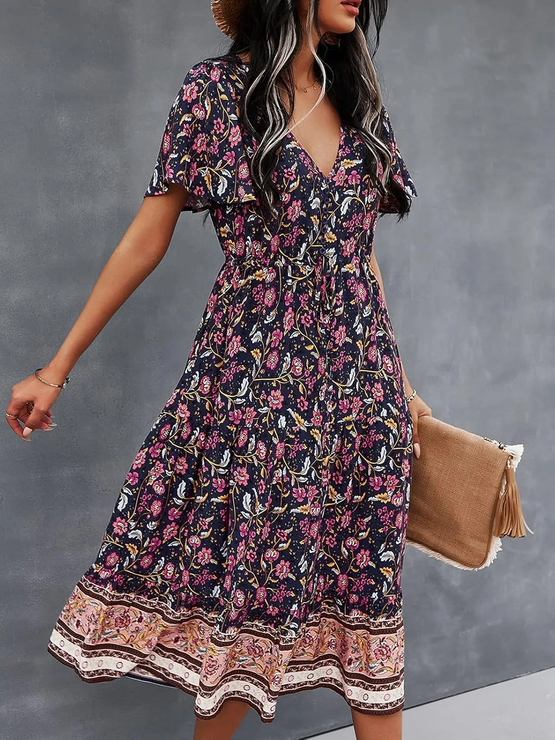 TEMOFON Women Dress Summer Sleeveless Bohemian: Floral V Neck Button Down Flowy Boho Dresses S-XL