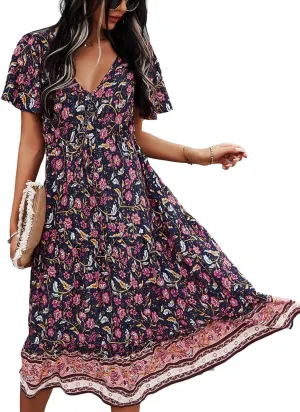 TEMOFON Women Dress Summer Sleeveless Bohemian: Floral V Neck Button Down Flowy Boho Dresses S-XL
