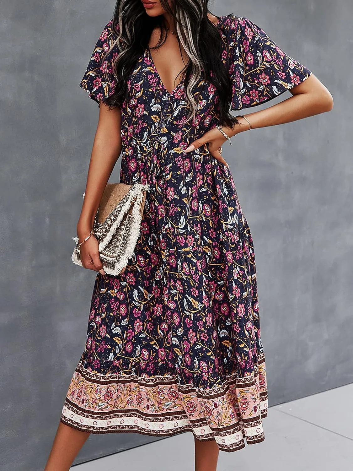 TEMOFON Women Dress Summer Sleeveless Bohemian: Floral V Neck Button Down Flowy Boho Dresses S-XL