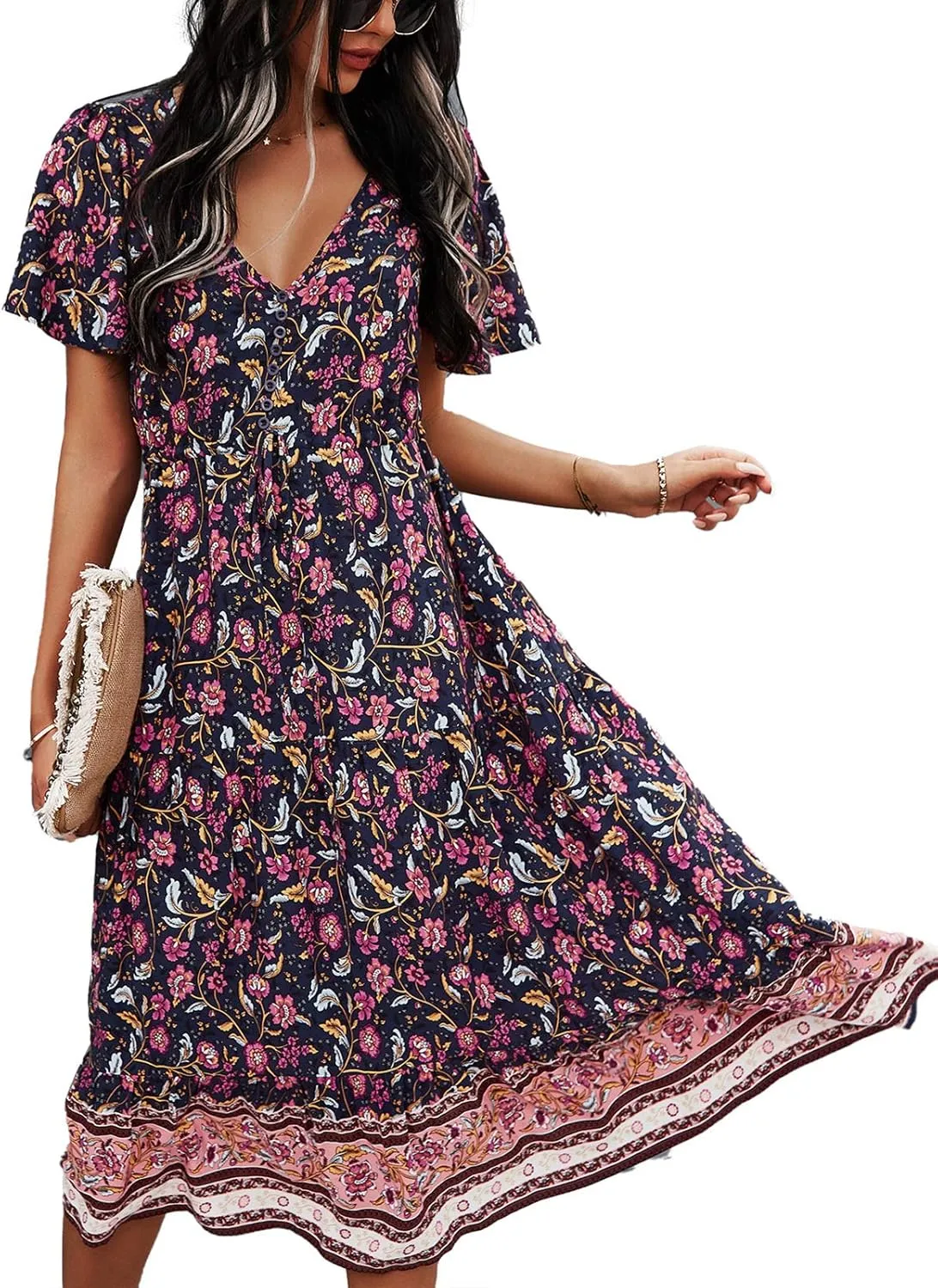 TEMOFON Women Dress Summer Sleeveless Bohemian: Floral V Neck Button Down Flowy Boho Dresses S-XL