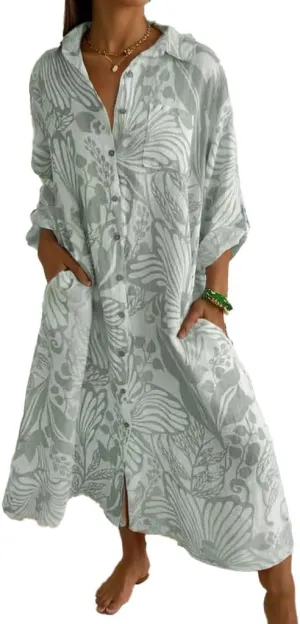 TIAFORD Women Floral Print Button Down Shirt Dress - Casual Long Sleeve V Neck Maxi Flowy Beach Long With Pocket