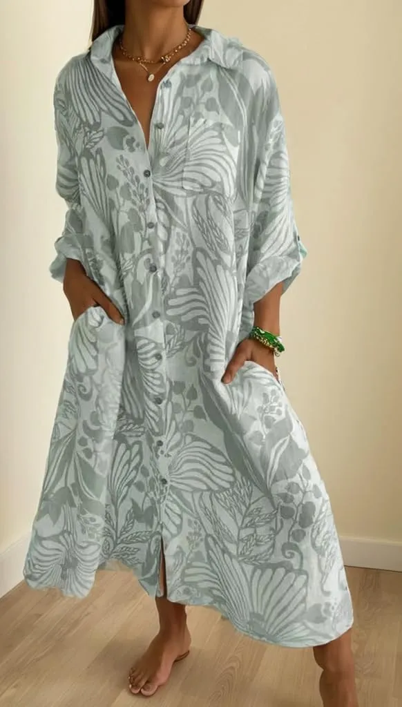 TIAFORD Women Floral Print Button Down Shirt Dress - Casual Long Sleeve V Neck Maxi Flowy Beach Long With Pocket