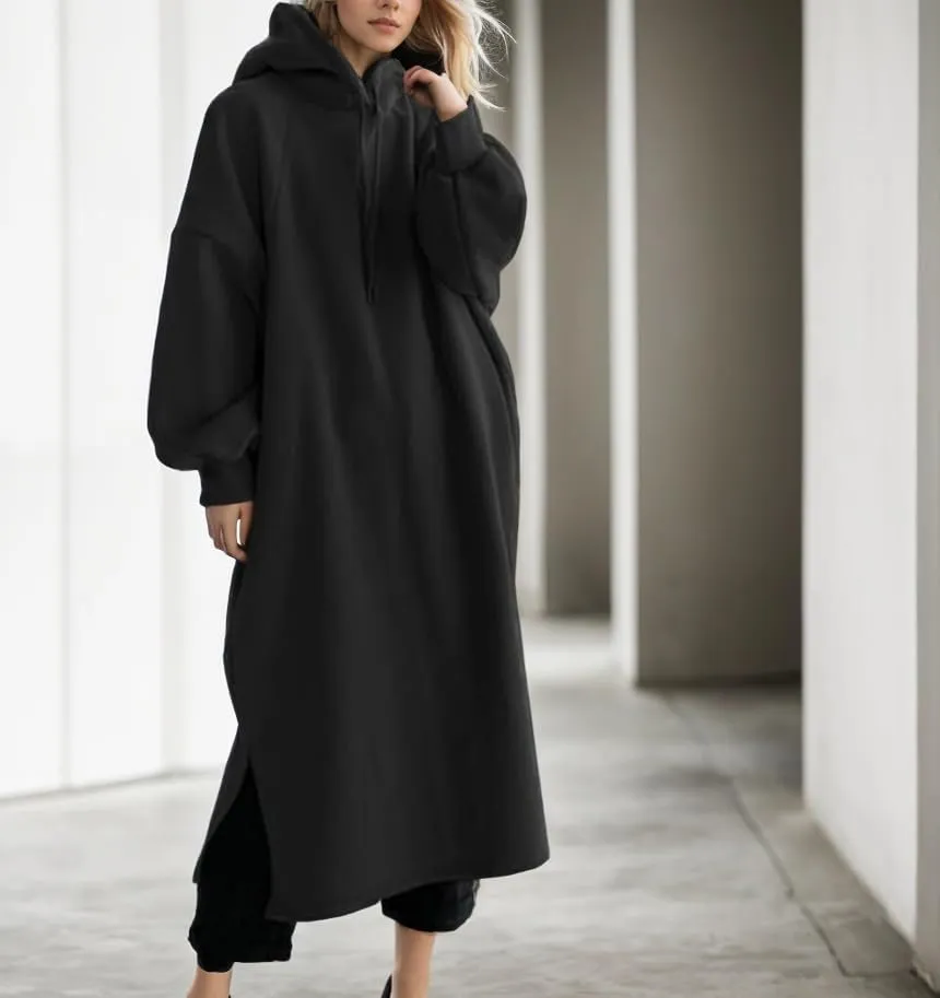 TIAFORD Women Winter Hoodie Maxi Dress Casual Long Sleeve Pullover Fall Oversized Shift Slit Sweatshirt Dress with Pocket