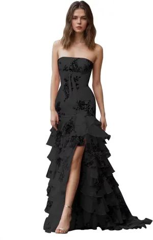 Tiered Floral Print Prom Dresses for Women with Slit 2025 A Line Strapless Bow Ball Gown Long Formal Evening Party Gown