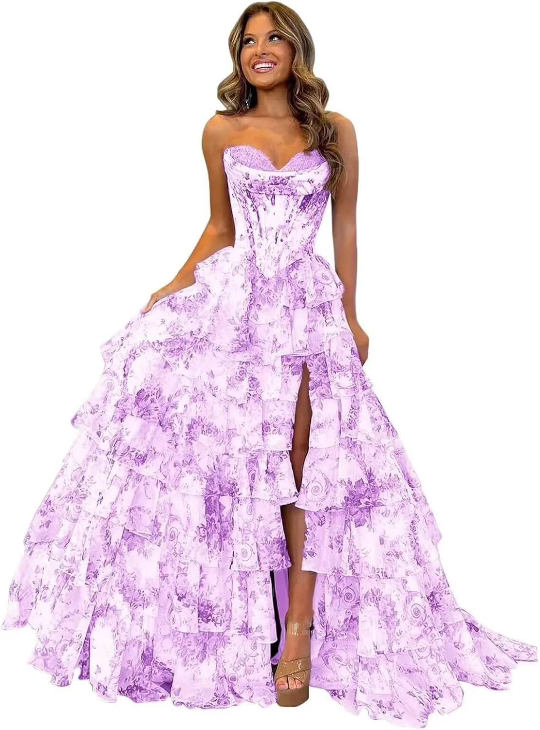 Tiered Ruffles Floral Prom Dresses with Slit Long Formal Evening Party Ball Gown Strapless Quinceanera Dress