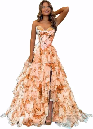 Tiered Ruffles Floral Prom Dresses with Slit Long Formal Evening Party Ball Gown Strapless Quinceanera Dress
