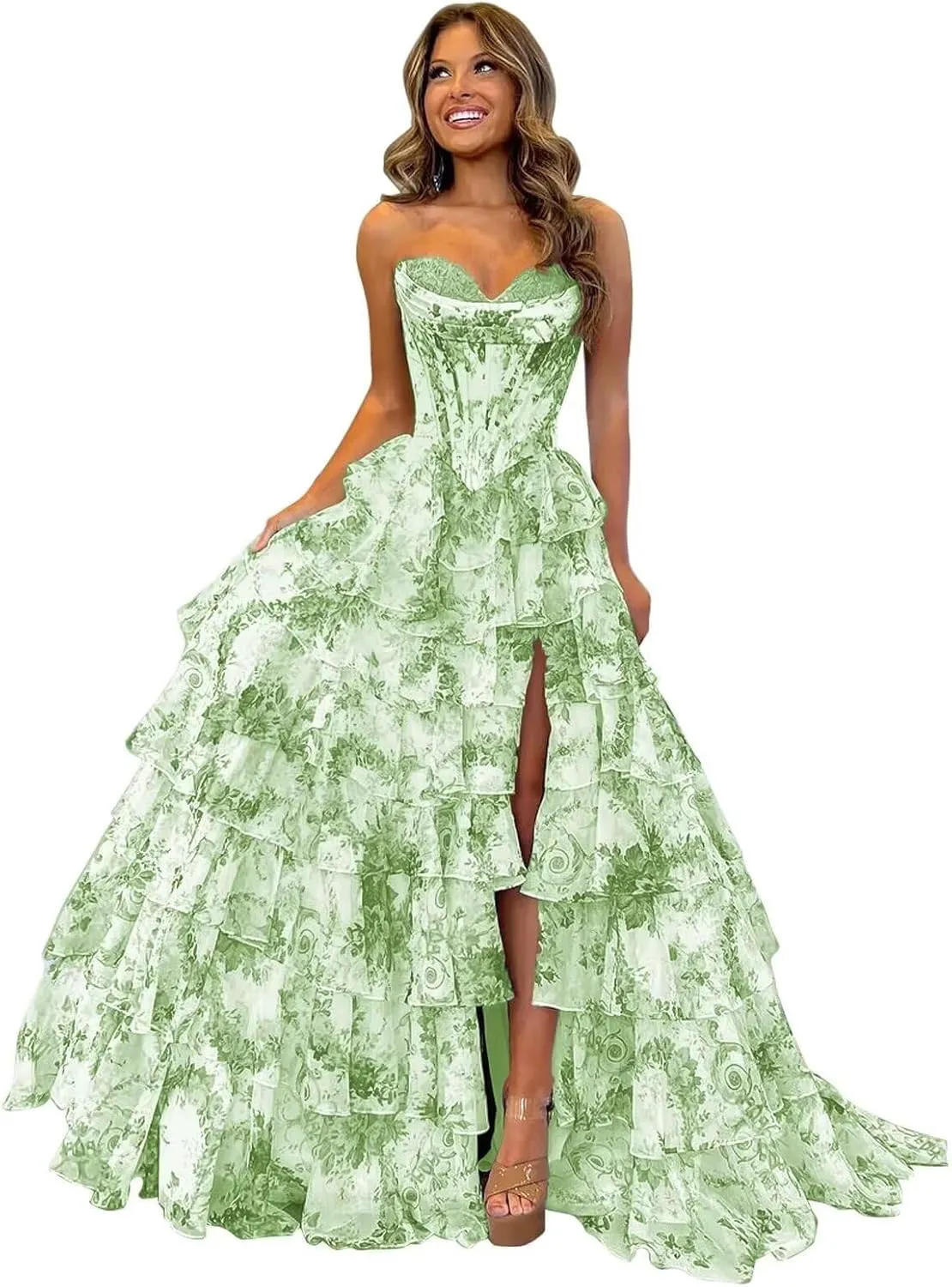 Tiered Ruffles Floral Prom Dresses with Slit Long Formal Evening Party Ball Gown Strapless Quinceanera Dress