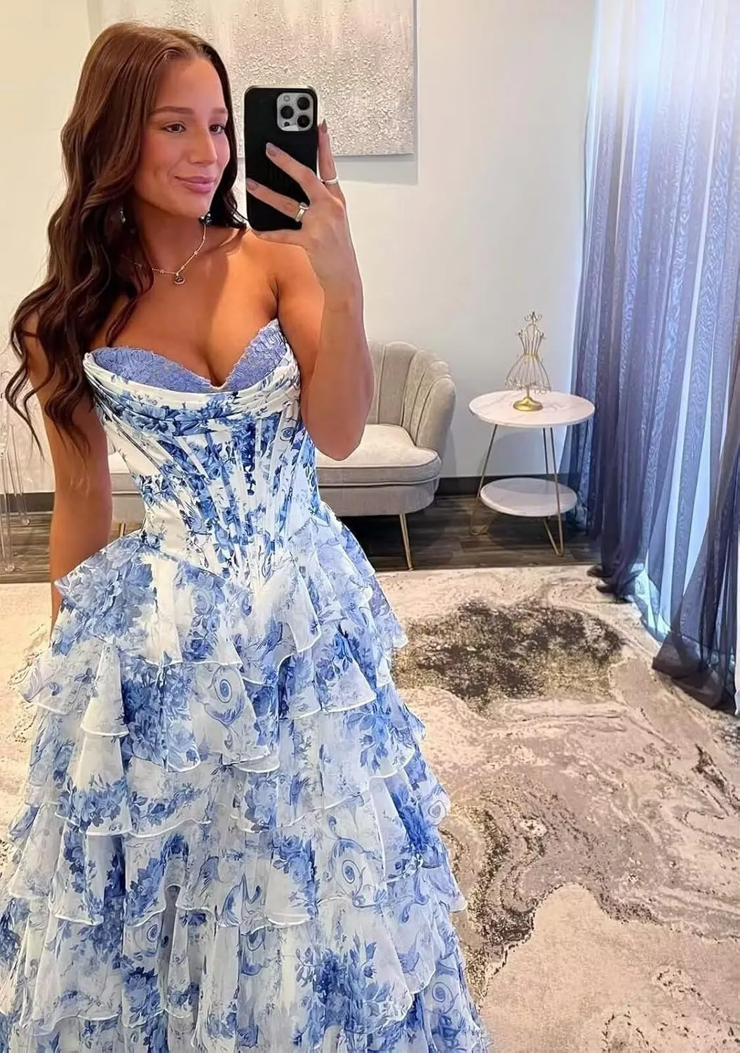 Tiered Ruffles Floral Prom Dresses with Slit Long Formal Evening Party Ball Gown Strapless Quinceanera Dress