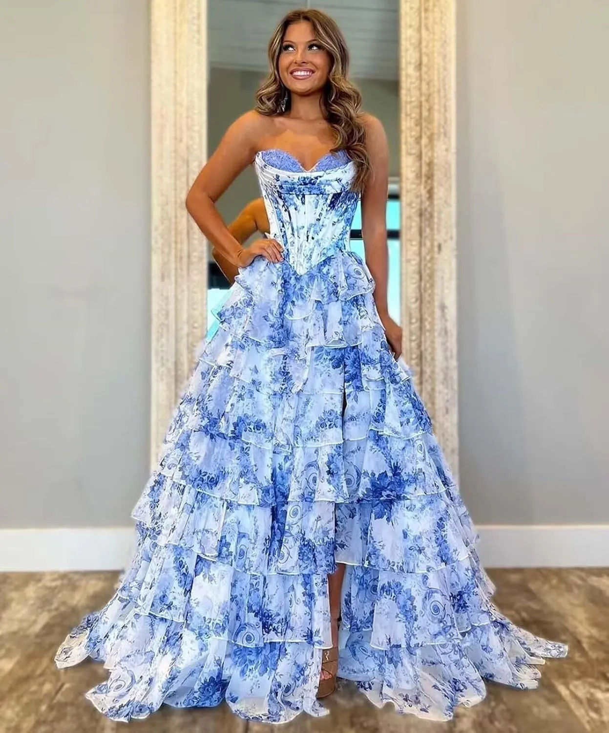 Tiered Ruffles Floral Prom Dresses with Slit Long Formal Evening Party Ball Gown Strapless Quinceanera Dress
