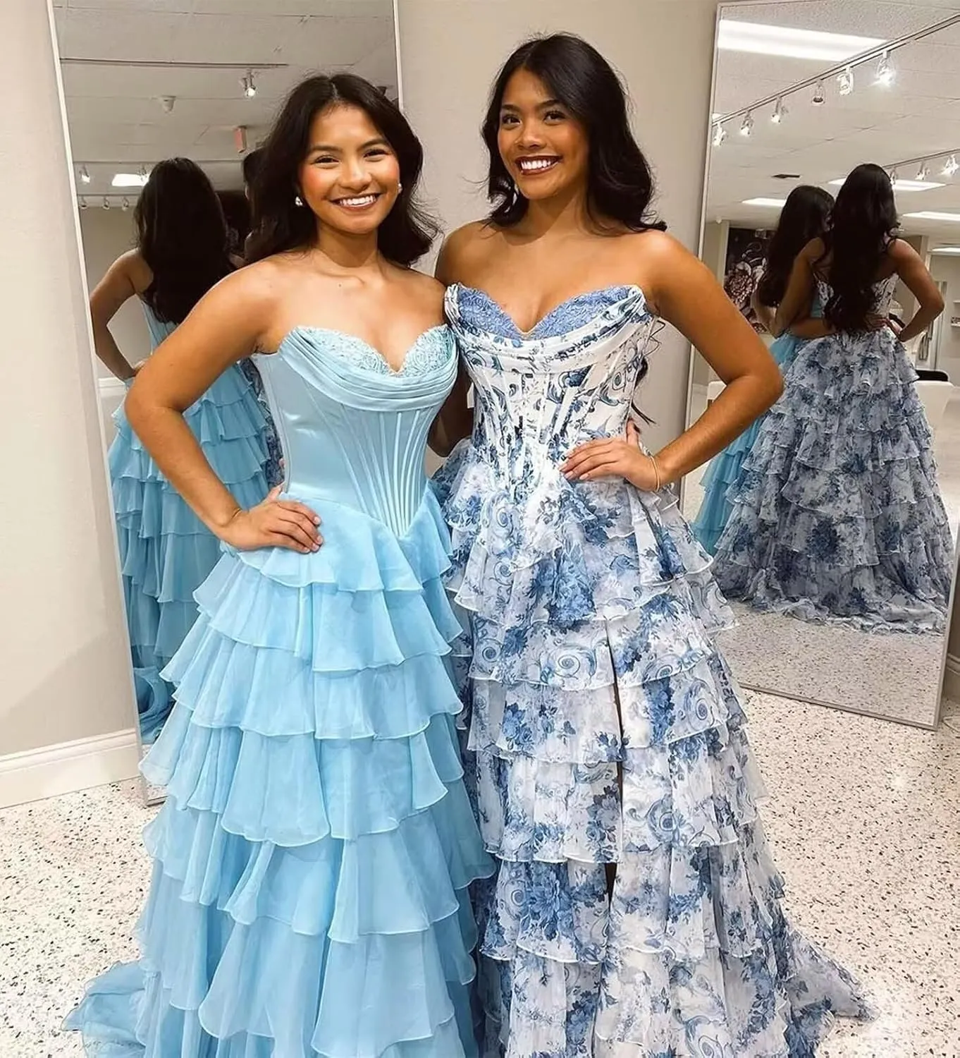 Tiered Ruffles Floral Prom Dresses with Slit Long Formal Evening Party Ball Gown Strapless Quinceanera Dress