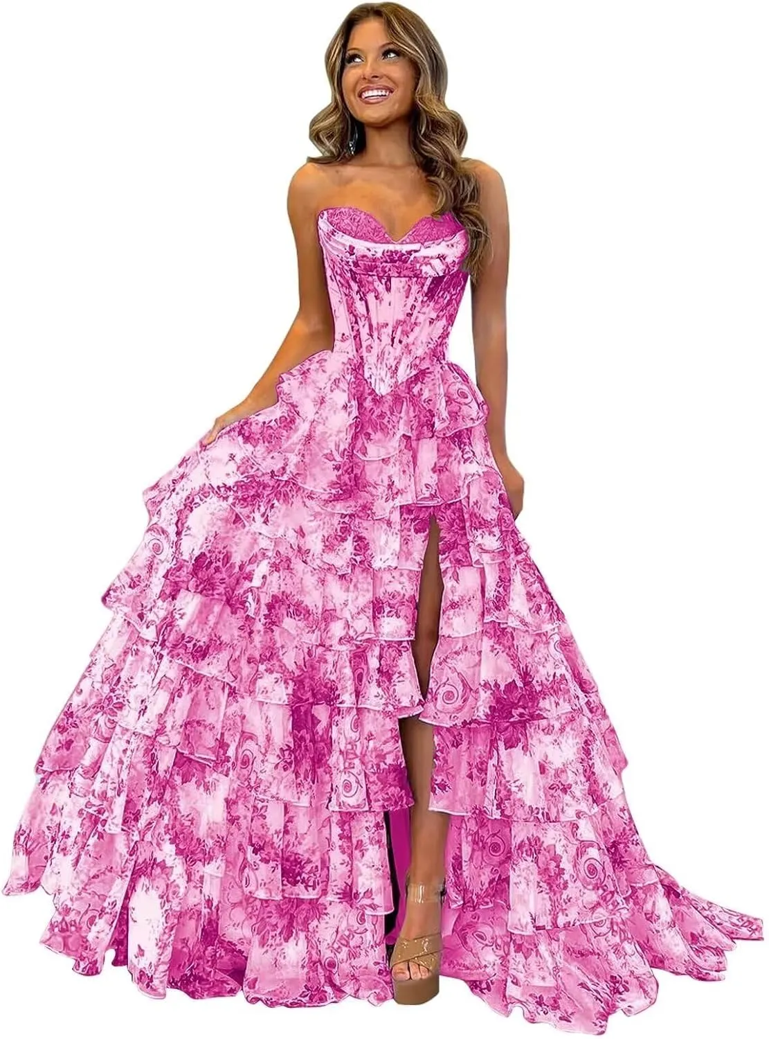 Tiered Ruffles Floral Prom Dresses with Slit Long Formal Evening Party Ball Gown Strapless Quinceanera Dress
