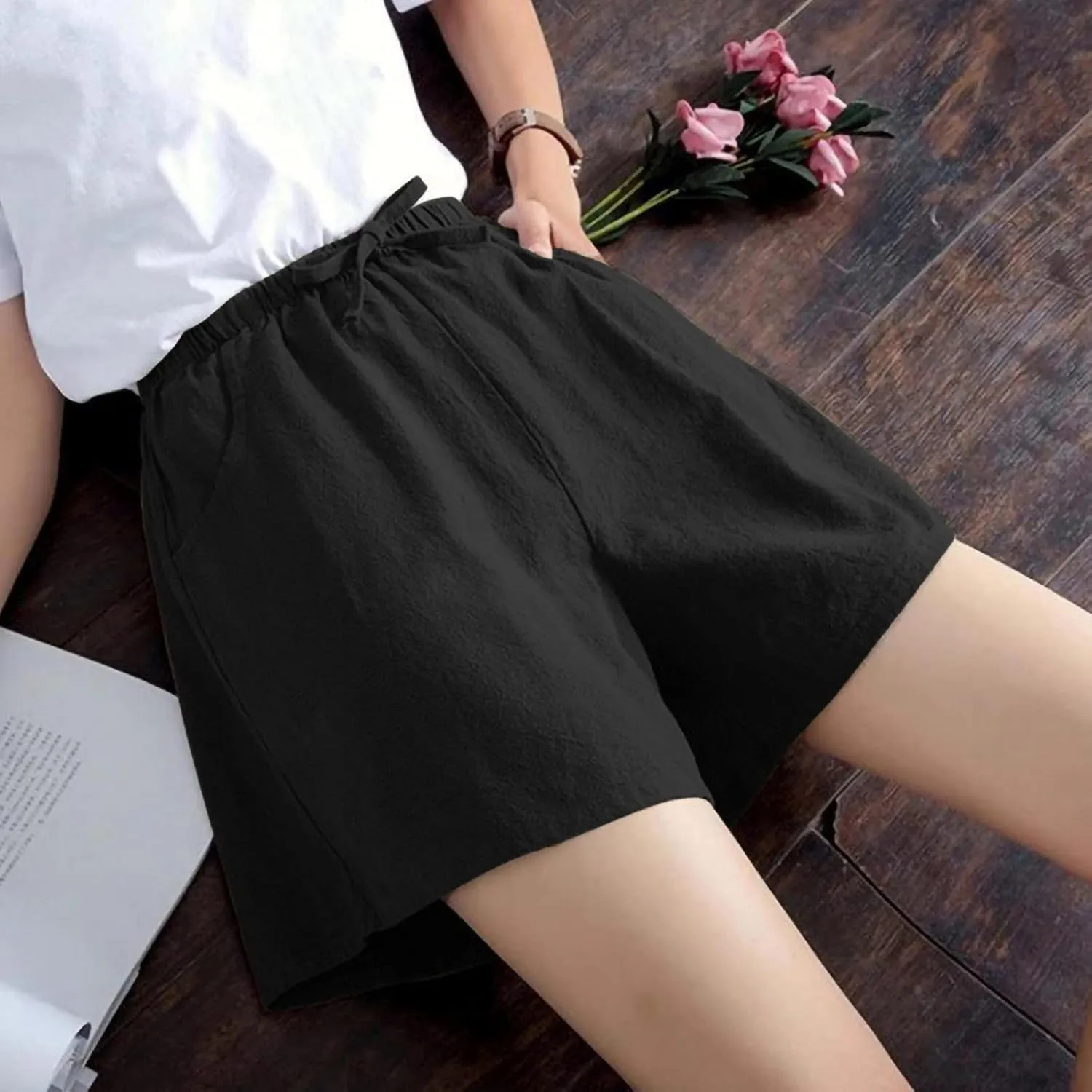 tuduoms Linen Bootcut Lounge Pants for Summer Business Casual Comfy Loose Work Trousers Women High Waist Wide Leg Yoga Pants