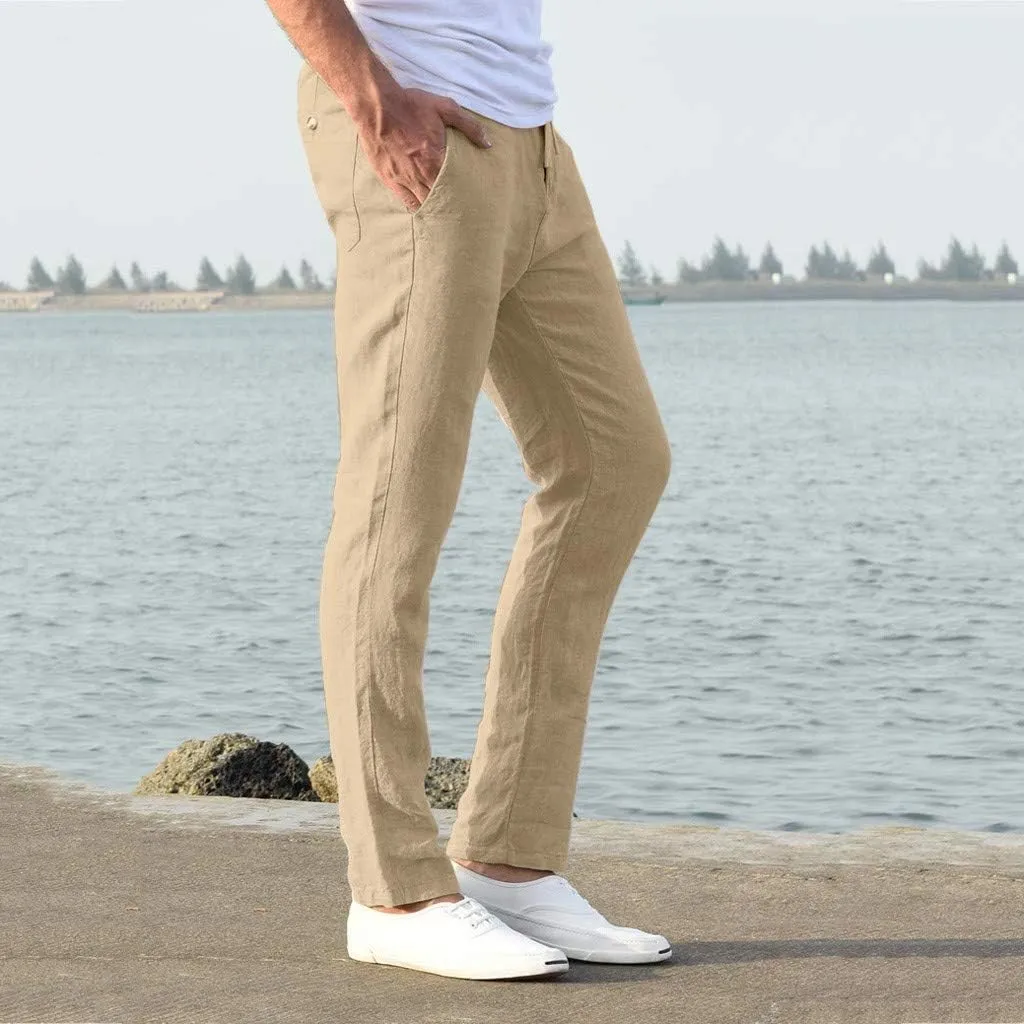 tuduoms Men's Slim-Fit Slacks Drawstrintg Linen Capri Pants Casual Straight Fit Tapered Trouser Lightweight Summer Beach Pant