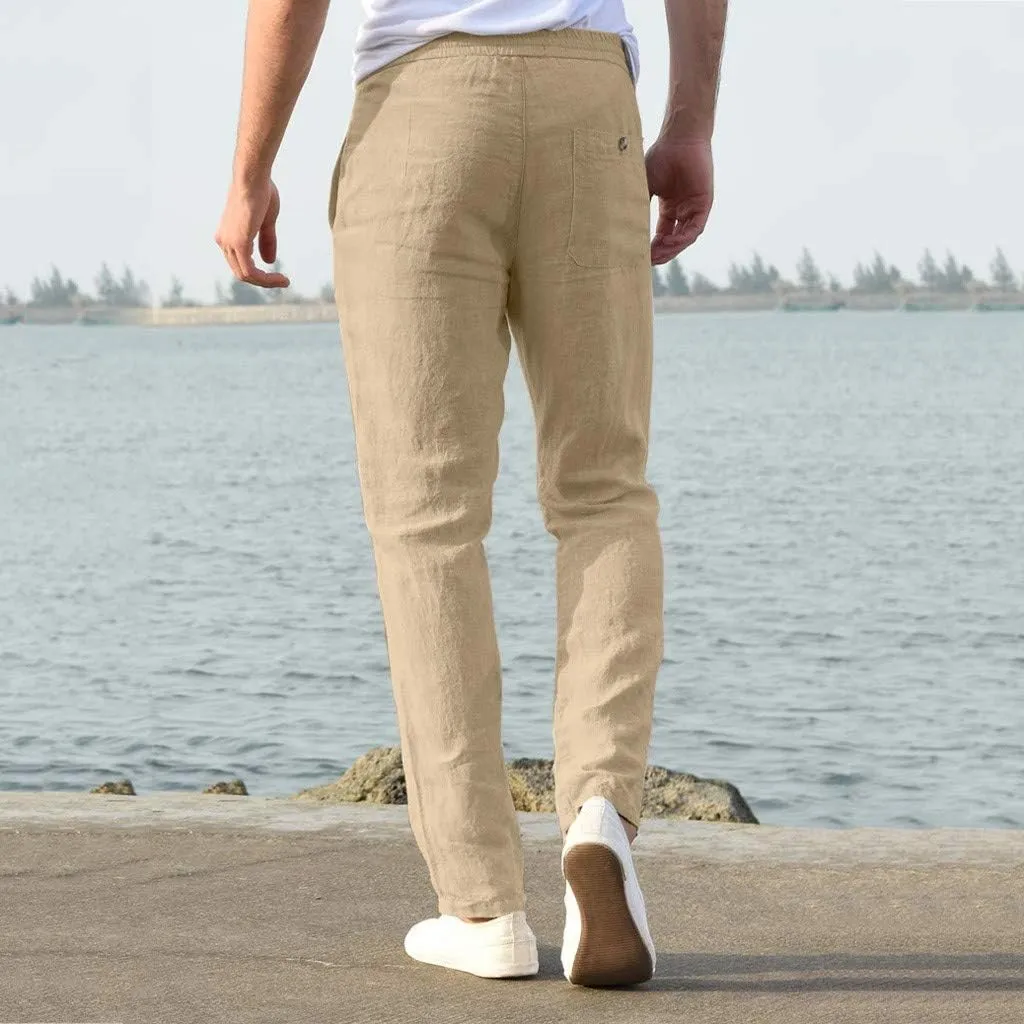 tuduoms Men's Slim-Fit Slacks Drawstrintg Linen Capri Pants Casual Straight Fit Tapered Trouser Lightweight Summer Beach Pant