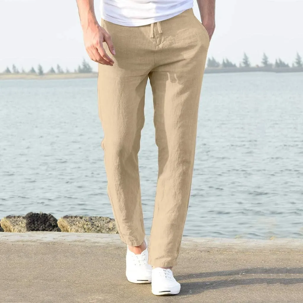 tuduoms Men's Slim-Fit Slacks Drawstrintg Linen Capri Pants Casual Straight Fit Tapered Trouser Lightweight Summer Beach Pant