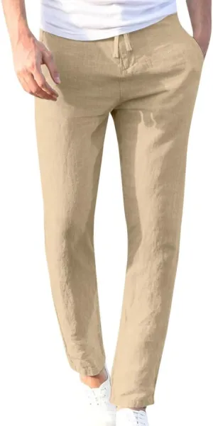 tuduoms Men's Slim-Fit Slacks Drawstrintg Linen Capri Pants Casual Straight Fit Tapered Trouser Lightweight Summer Beach Pant