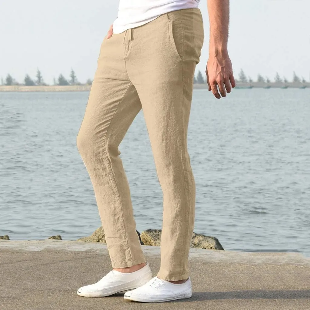 tuduoms Men's Slim-Fit Slacks Drawstrintg Linen Capri Pants Casual Straight Fit Tapered Trouser Lightweight Summer Beach Pant