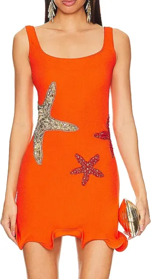UAURORAO Women Starfish Mini Dress Sleeveless Sequin Star Fish Bodycon Knit Dress Sexy Glitter Party Beach Sundress